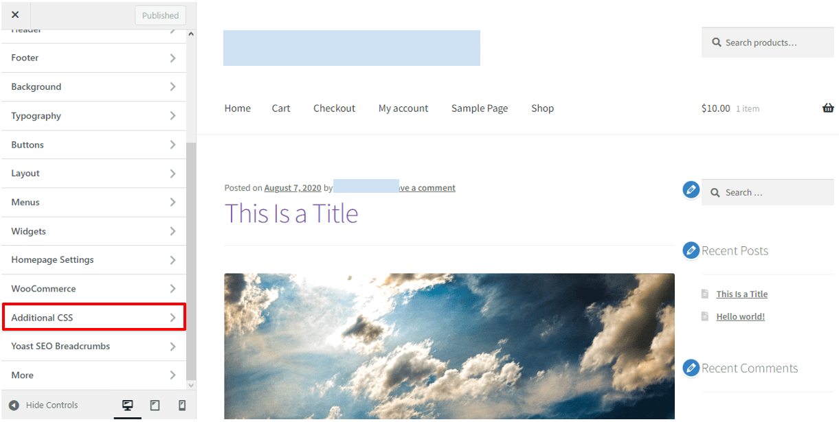 Cliquez sur le menu « Additional CSS ».