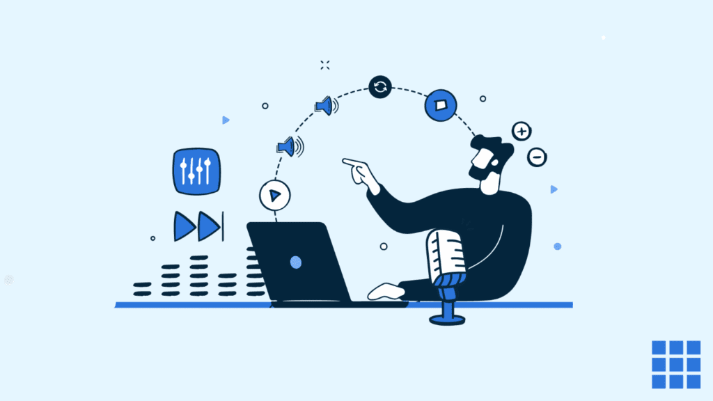 Illustration d’un homme éditant un podcast