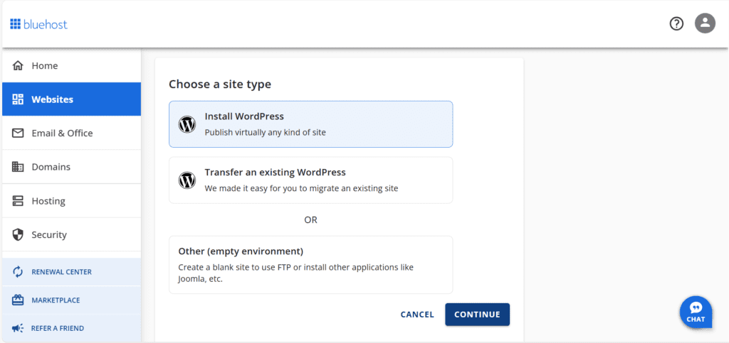 Bluehost Backend WordPress