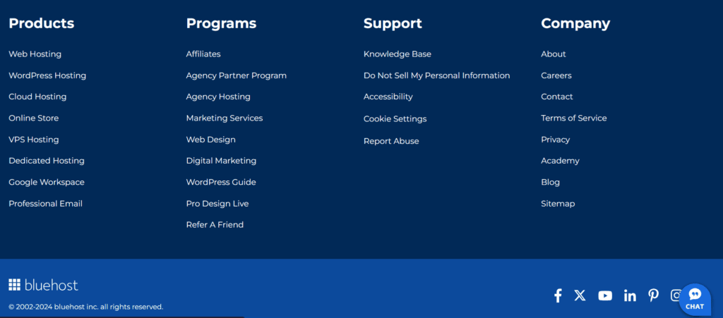 Pied de page Bluehost