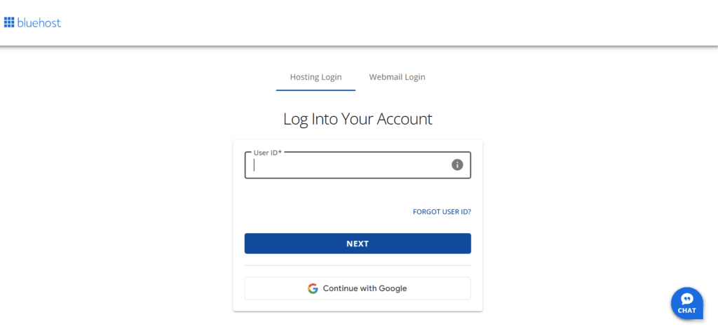 Écran de connexion Bluehost