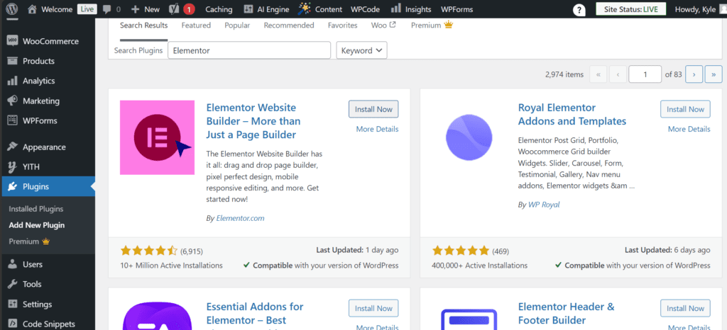 Elementor via le tableau de bord de WordPress