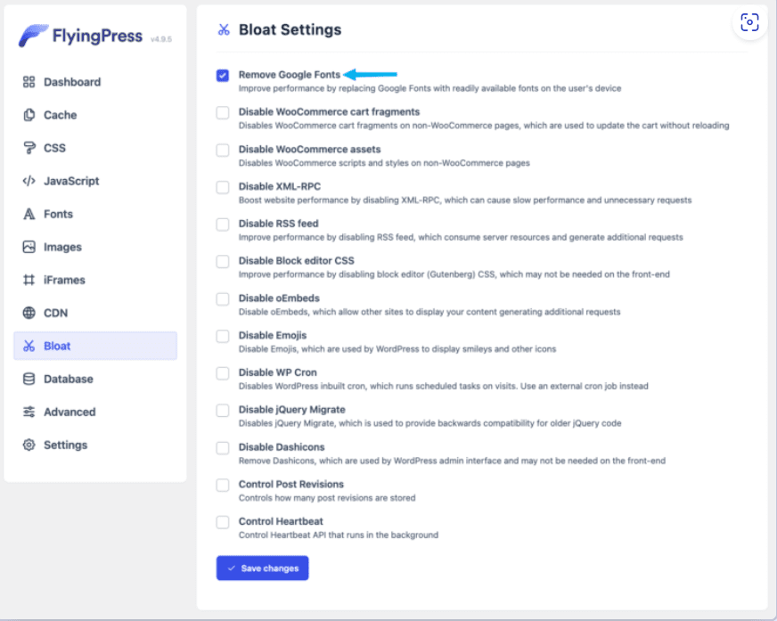 FlyingPress - supprimer les polices de caractères de google
