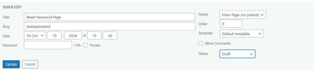 Page de réinitialisation du mot de passe