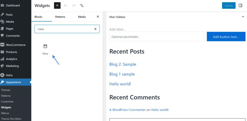 Ajout du widget méta à la barre latérale de WordPress