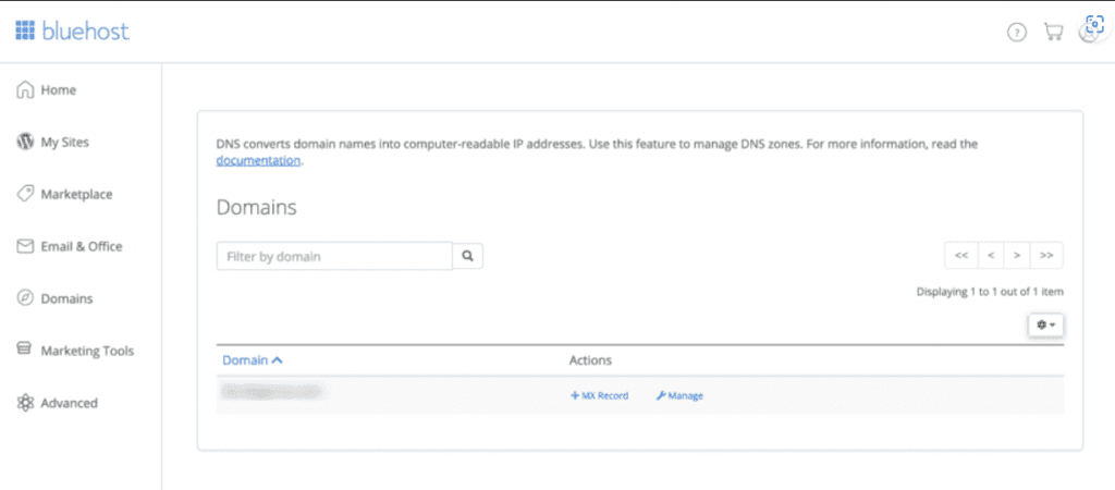 Onglet Domaine dans cPanel
