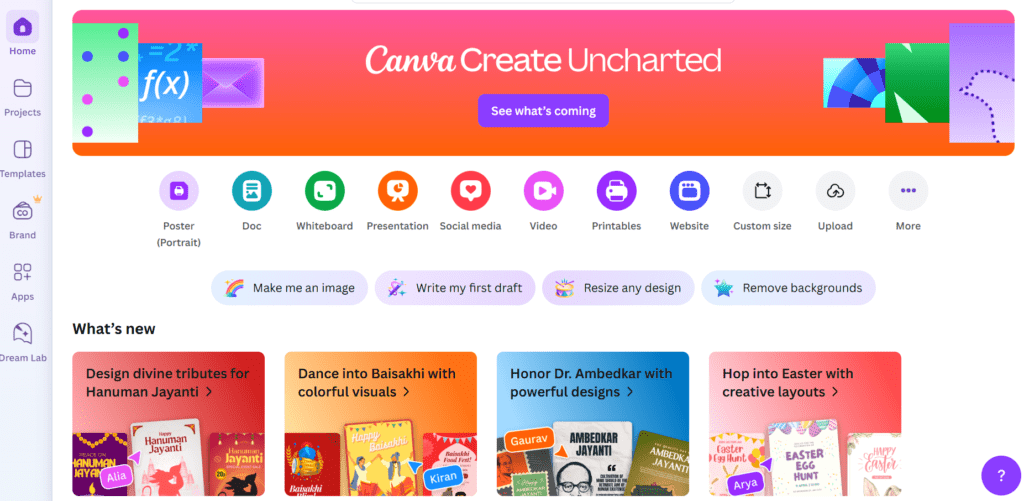Page d’accueil de Canva