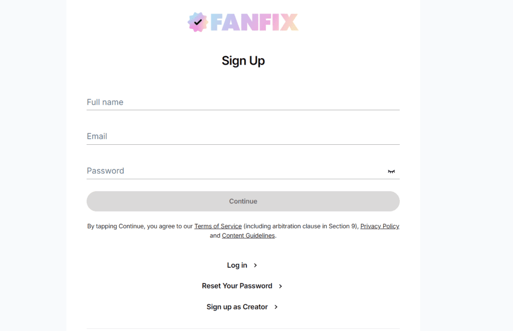 Page d'inscription à Fanfix