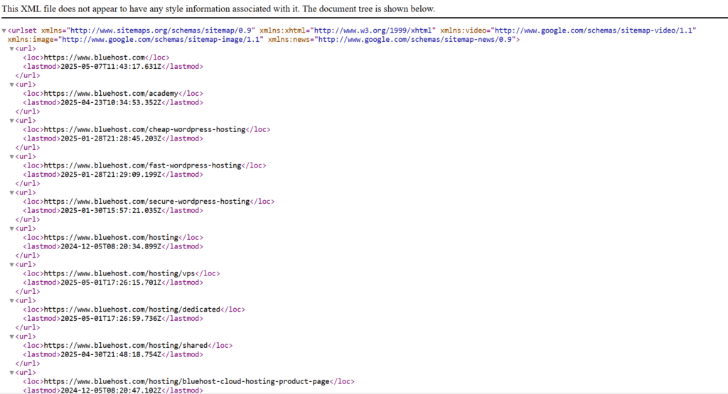 Plan du site de Bluehost