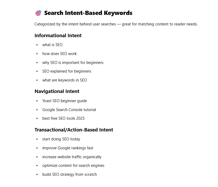Exemple de recherche de mots-clés basés sur l'intention de recherche sur chatgpt