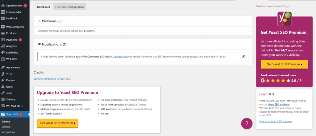 Tableau de bord Yoast SEO